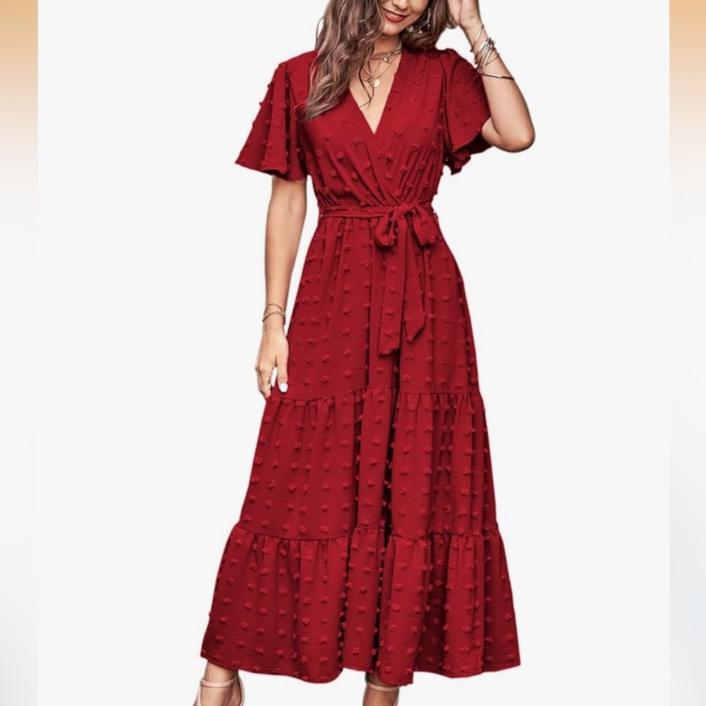 Women's Red V-Neck Tie-Waist Maxi Dress Size Medium Maxi Dress